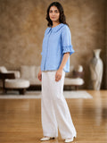 Sky Blue Frill Collar Cotton Top for Women