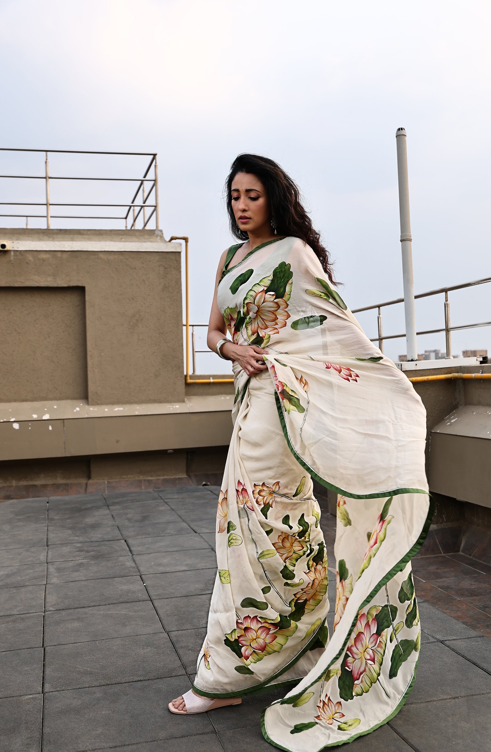 Dusty Beige Lotus Motifs Handpainted Organza Saree