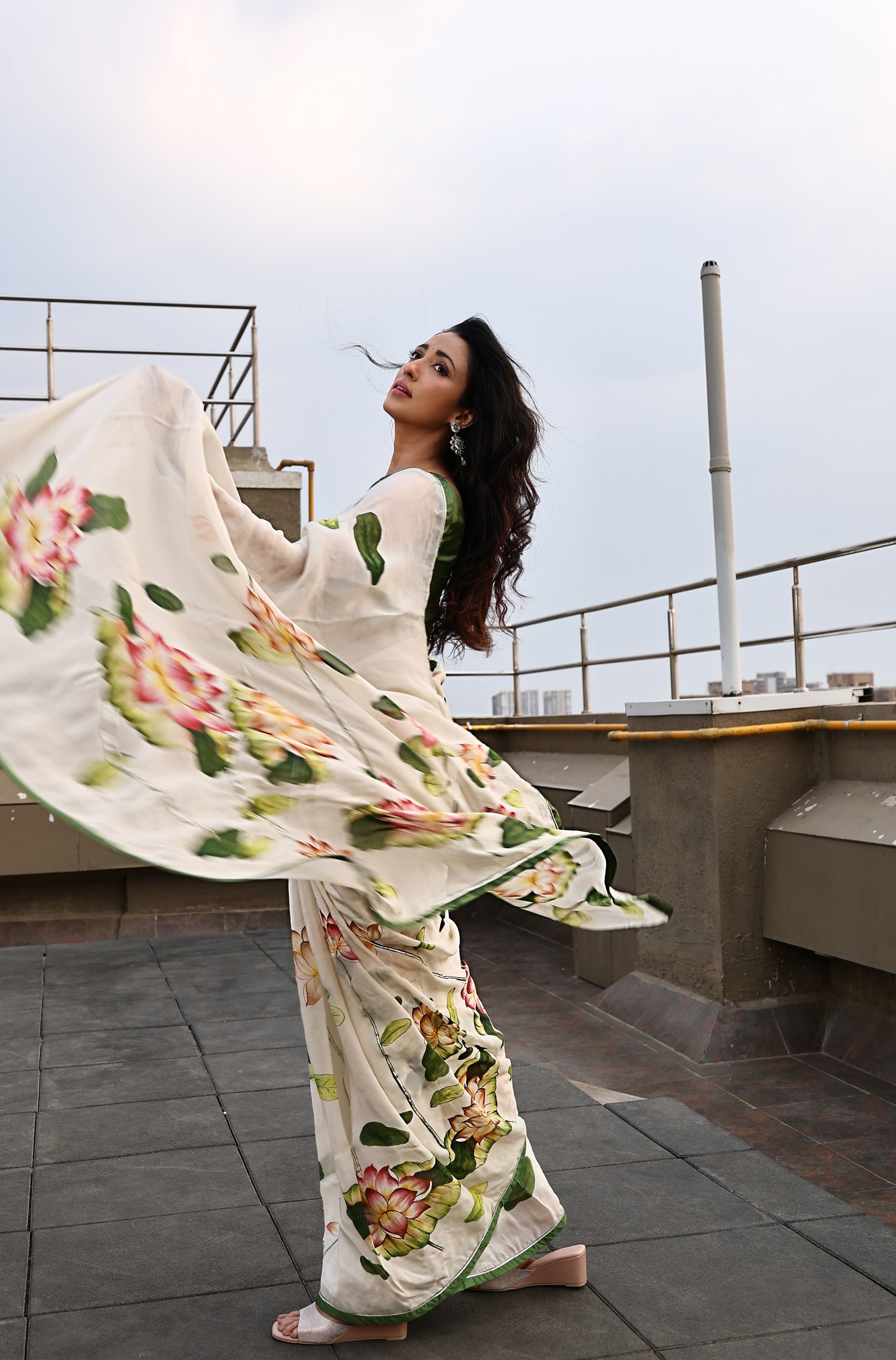 Dusty Beige Lotus Motifs Handpainted Organza Saree