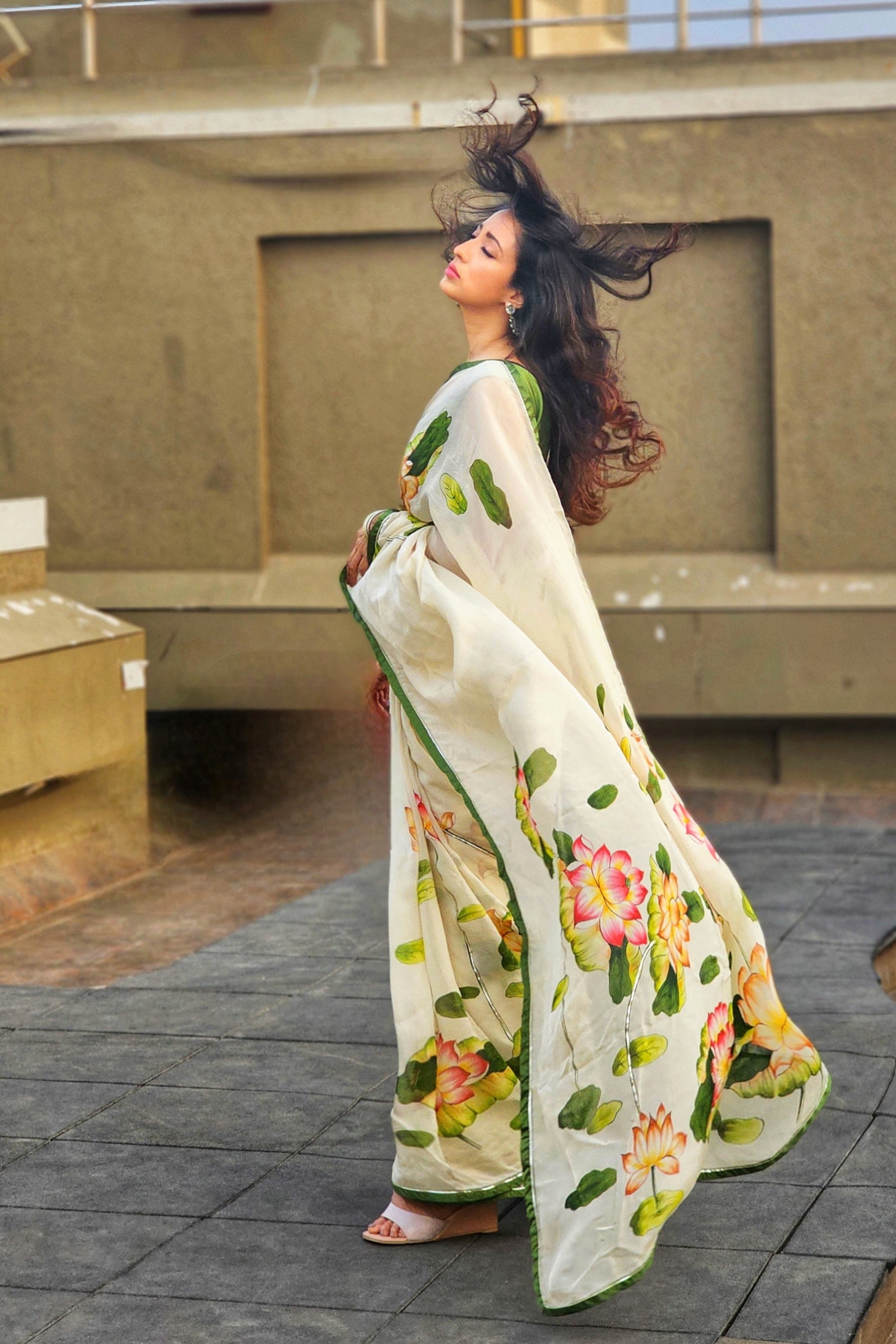 Dusty Beige Lotus Motifs Handpainted Organza Saree