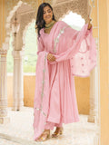 Baby Pink Full Sleeved Anarkali Suit Set In Silk