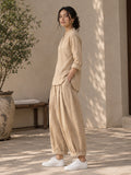 Beige Cotton Mandarin Collar Top & Balloon Pant Set