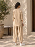 Beige Cotton Mandarin Collar Top & Balloon Pant Set