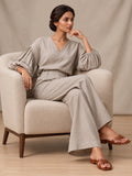 Grey Pleated Sleeve Top and Bottom Set