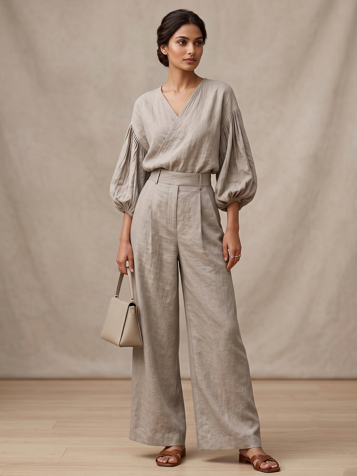 Grey Pleated Sleeve Top and Bottom Set