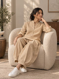Beige Cotton Mandarin Collar Top & Balloon Pant Set
