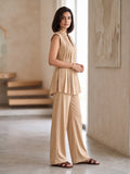 Beige Button-Front Silk Top Bottom Set