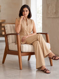 Beige Button-Front Silk Top Bottom Set