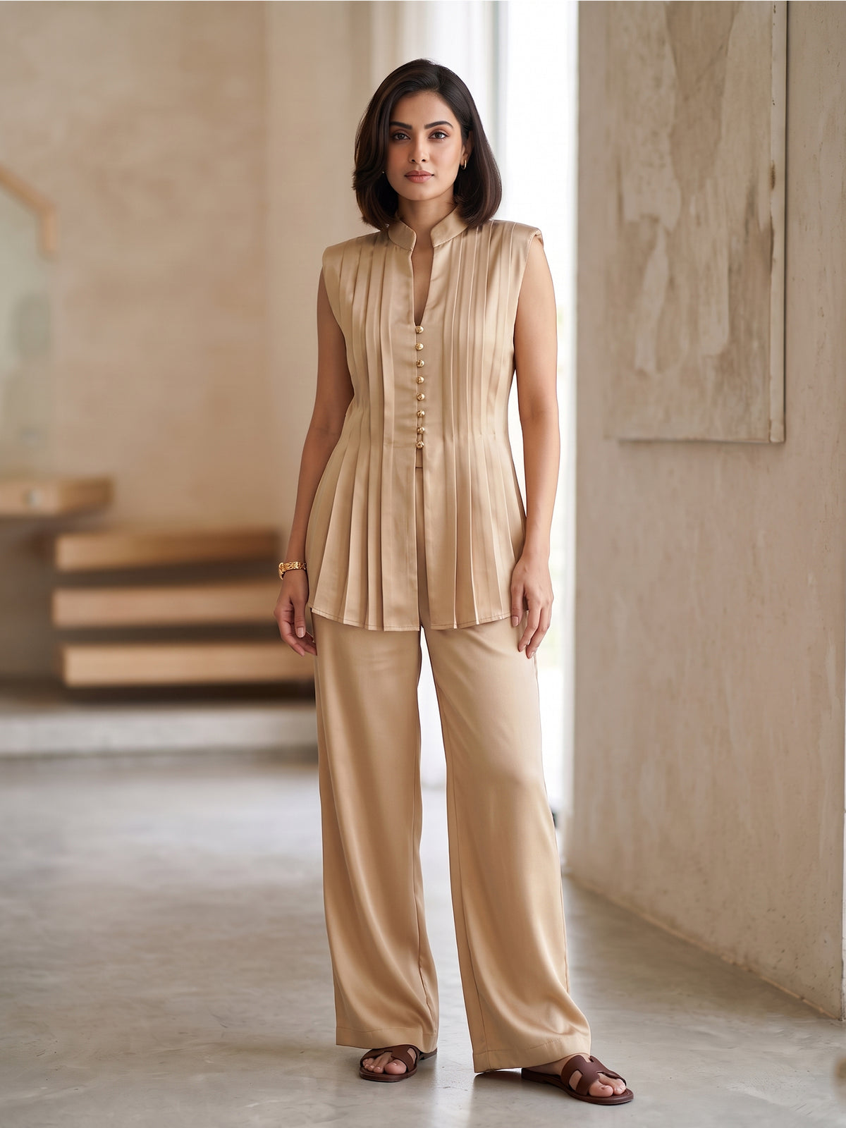 Beige Button-Front Silk Top Bottom Set