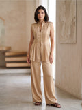 Beige Button-Front Silk Top Bottom Set