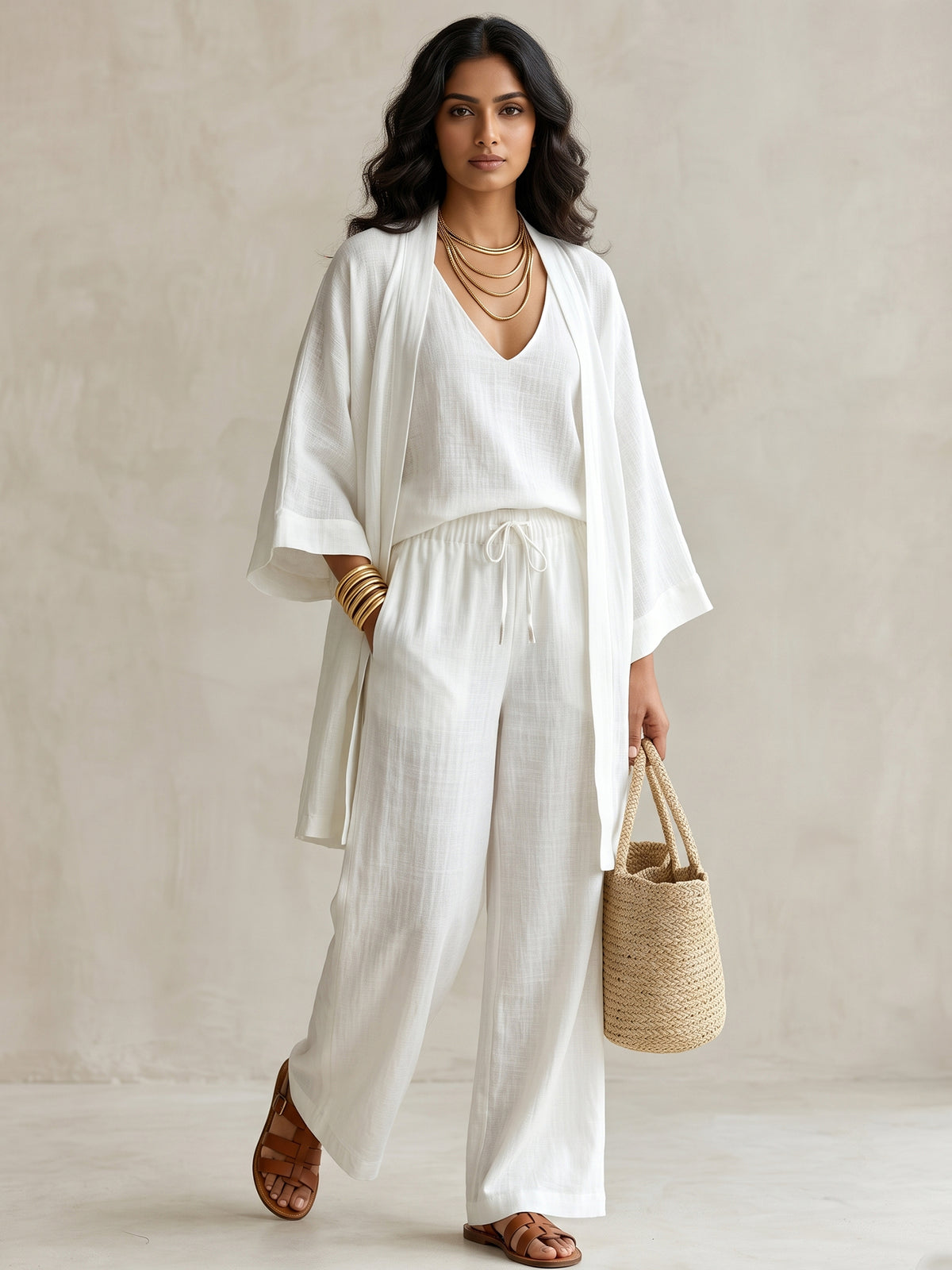 White Linen Wide-Sleeve Top-Bottom Set