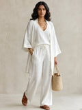 White Linen Wide-Sleeve Top-Bottom Set