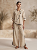 Beige V-Neck Top with Black Border Trousers