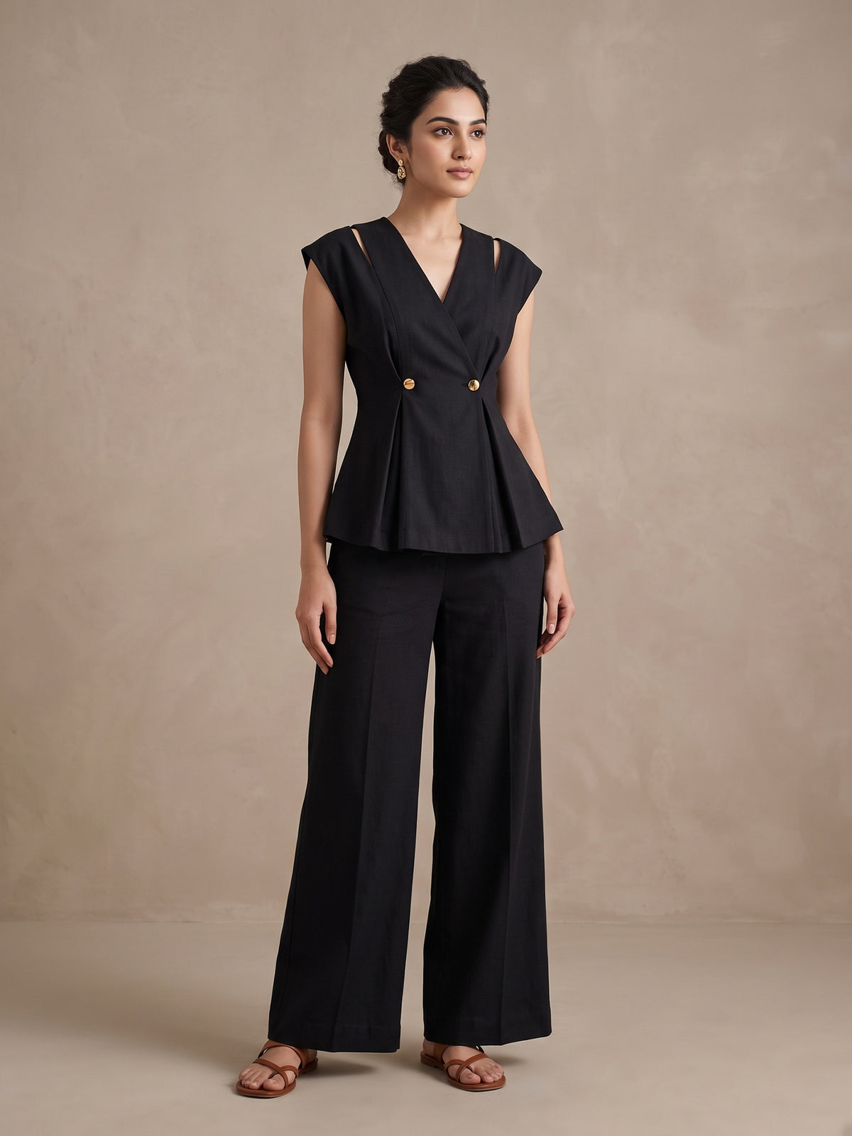 Black Sleeveless Peplum Top-Bottom Set