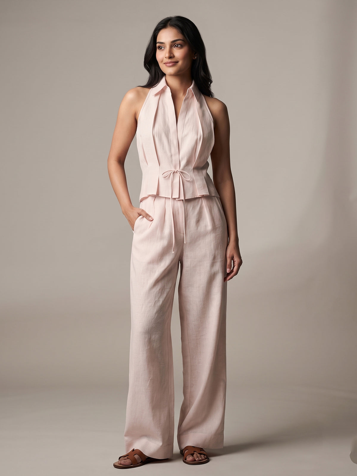 Light Pink Collared Halter Top-Bottom Set