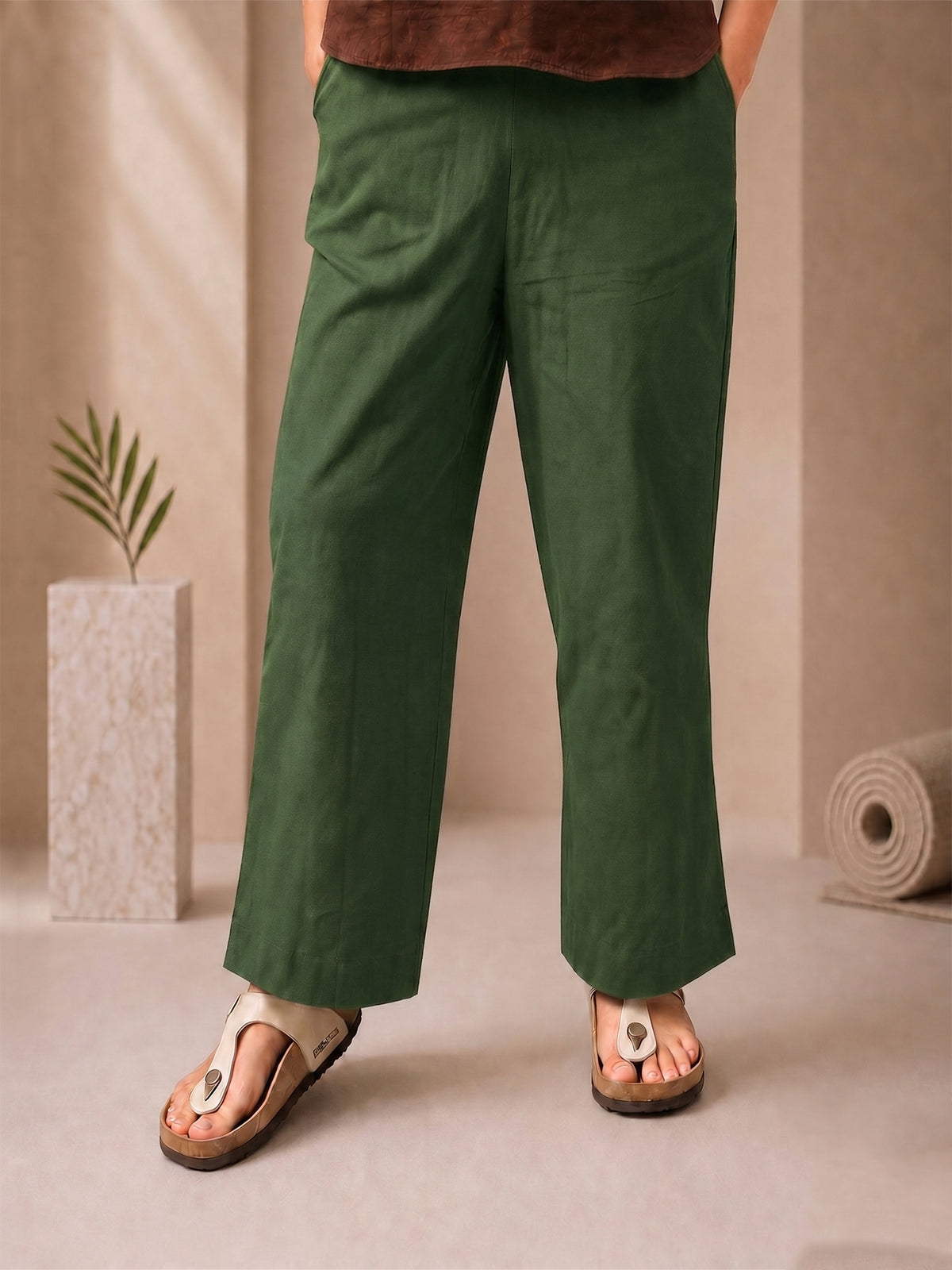 Bottle Green Wide Leg Casual Pant In Cotton