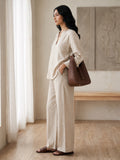 Beige Airy Cotton V-Neck Top Bottom Set