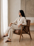 Beige Airy Cotton V-Neck Top Bottom Set