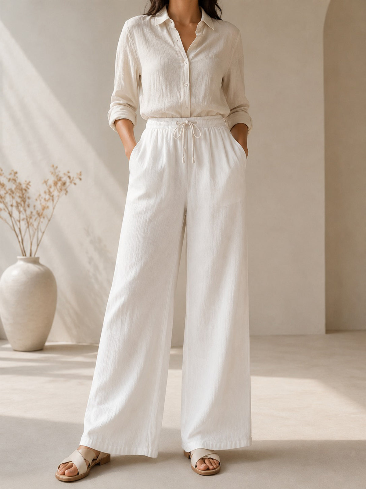 Women’s White Drawstring Palazzo Style Pant