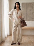 Beige Airy Cotton V-Neck Top Bottom Set