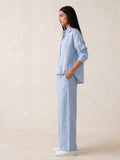 Sky Blue Cotton Button-Down Shirt & Wide-Leg Pants Set