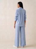 Sky Blue Cotton Button-Down Shirt & Wide-Leg Pants Set