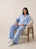 Sky Blue Cotton Button-Down Shirt & Wide-Leg Pants Set