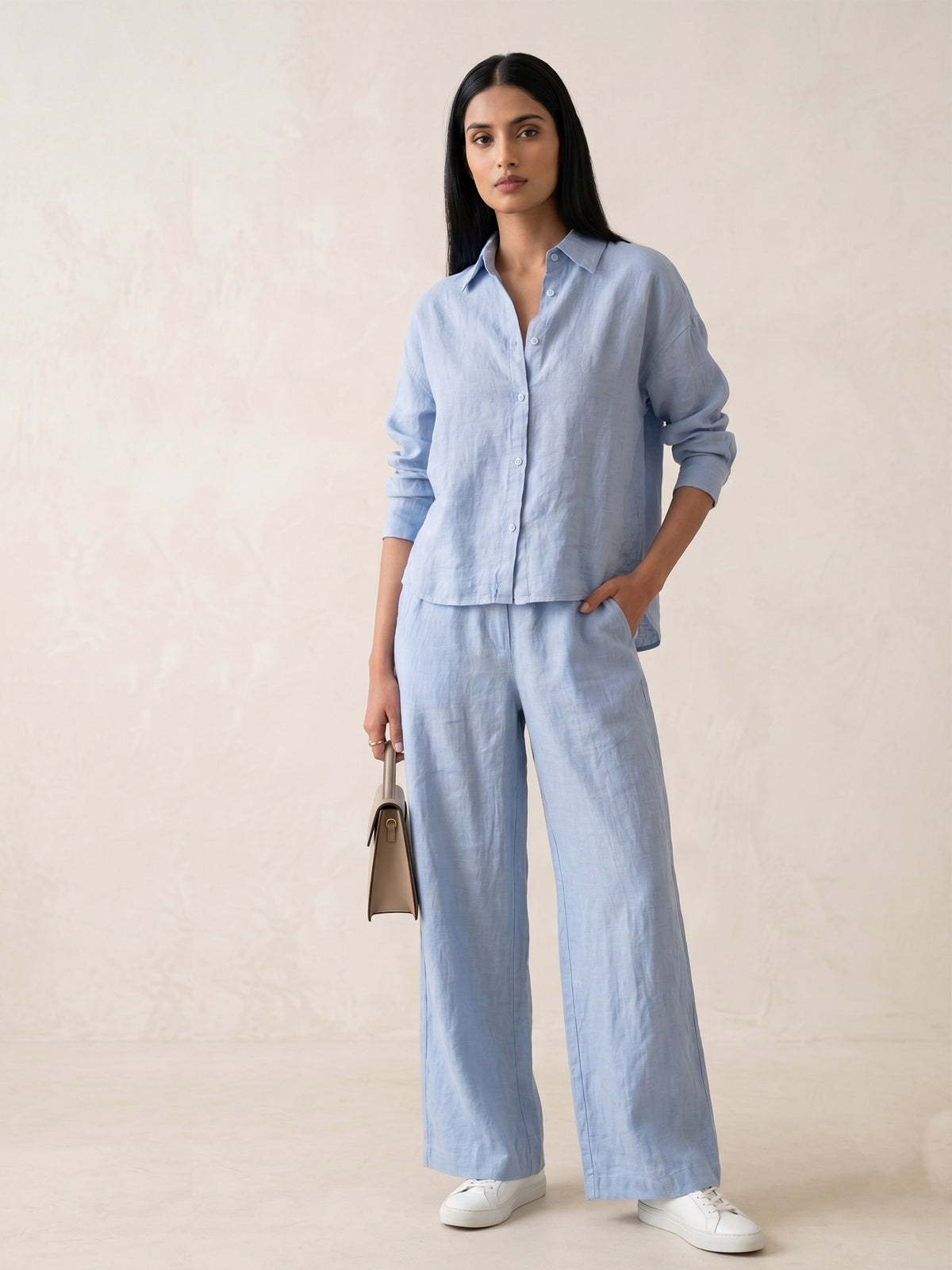Sky Blue Cotton Button-Down Shirt & Wide-Leg Pants Set