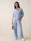 Sky Blue Cotton Button-Down Shirt & Wide-Leg Pants Set