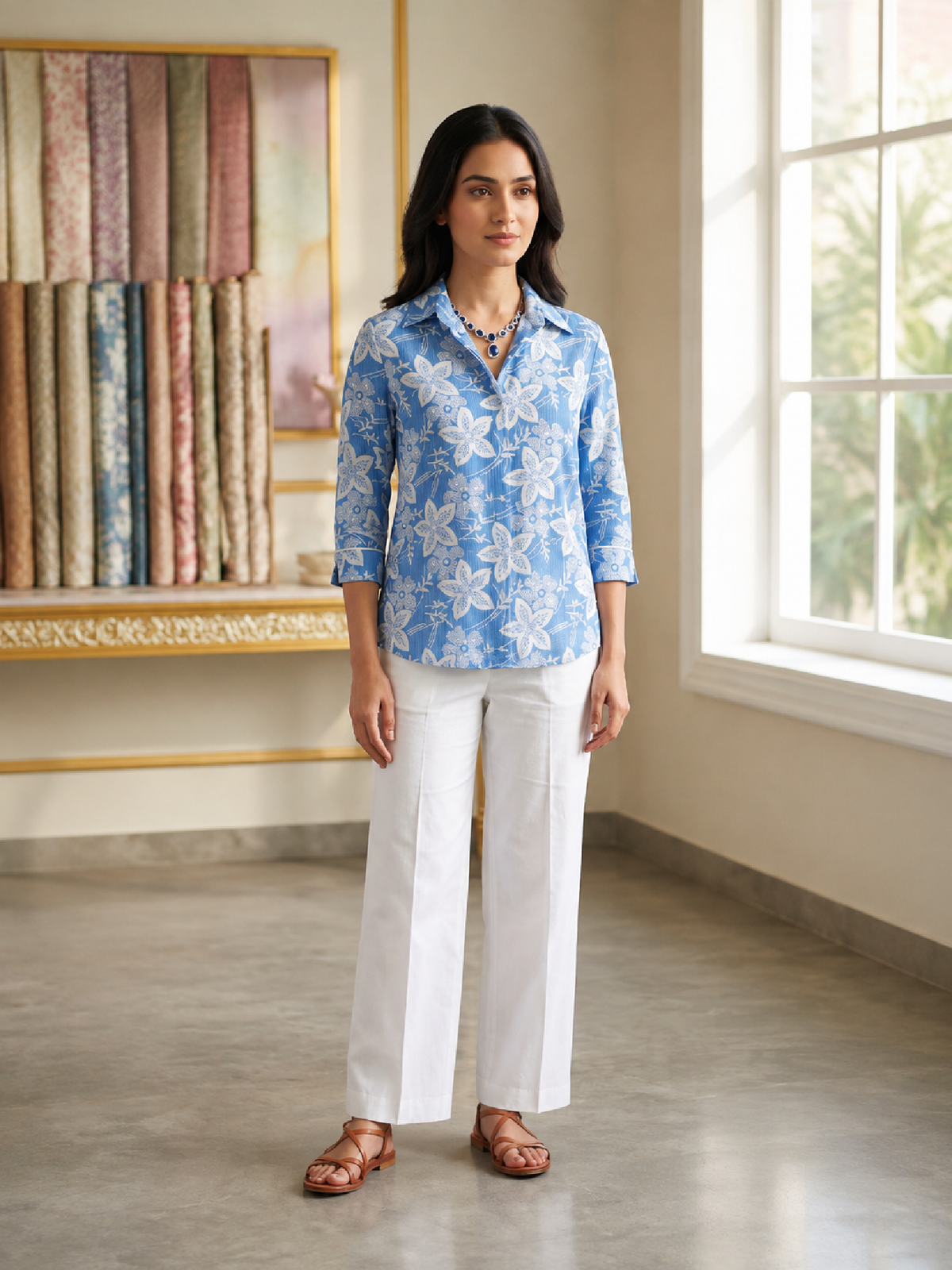 Blue Floral Printed Cotton Top for Women