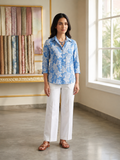 Blue Floral Printed Cotton Top for Women