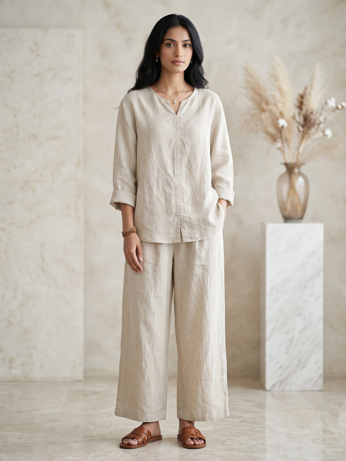 Cream Cotton Relaxed Top with Cropped Pants Co-Ord Set