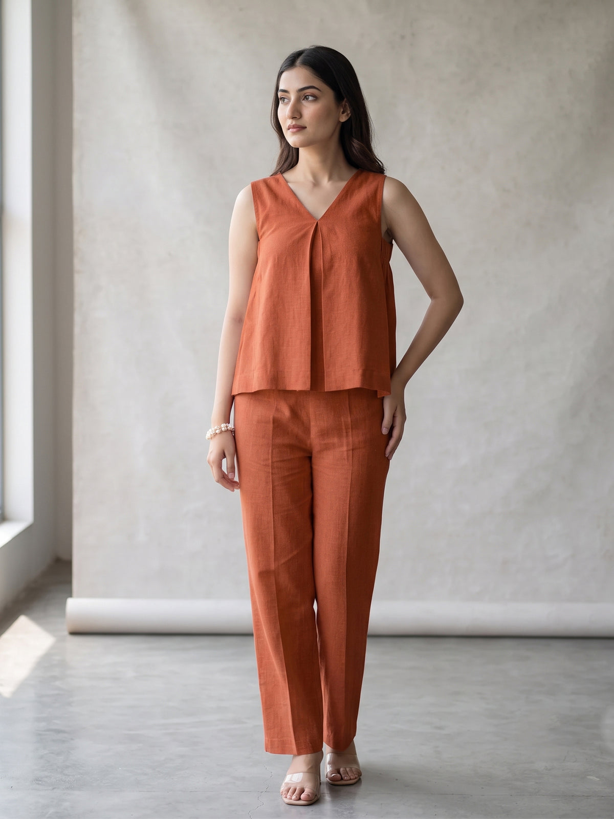 Rust Orange Minimal Linen Top & Trouser Set