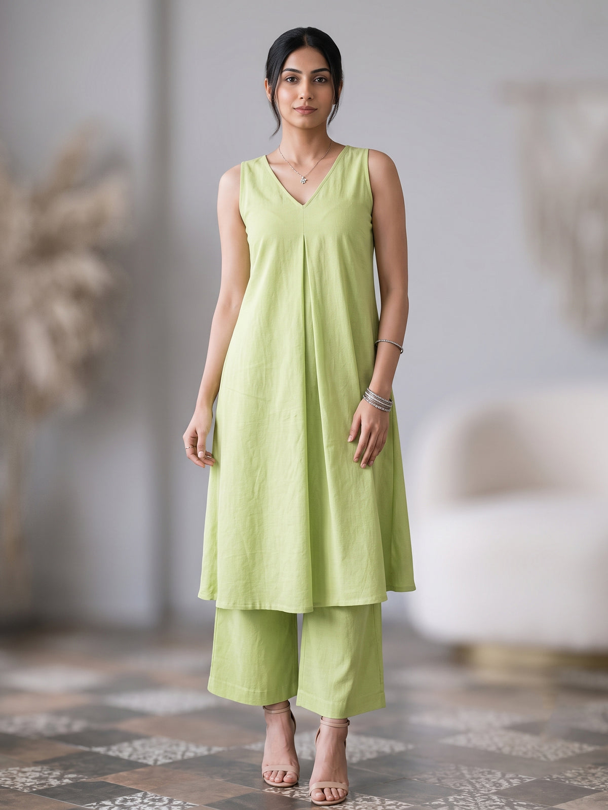 Lime Green V-Neck Kurta Palazzo Set for Women