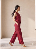 Wine Red Smart Casual Top-Bottom Set for Women