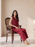 Wine Red Smart Casual Top-Bottom Set for Women