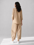 Beige Cotton Mandarin Collar Top & Balloon Pant Set