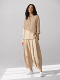 Beige Cotton Mandarin Collar Top & Balloon Pant Set