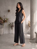 Black Sleeveless Blazer Top with Wide-Leg Pants Set