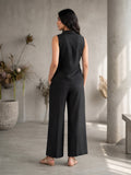 Black Sleeveless Blazer Top with Wide-Leg Pants Set