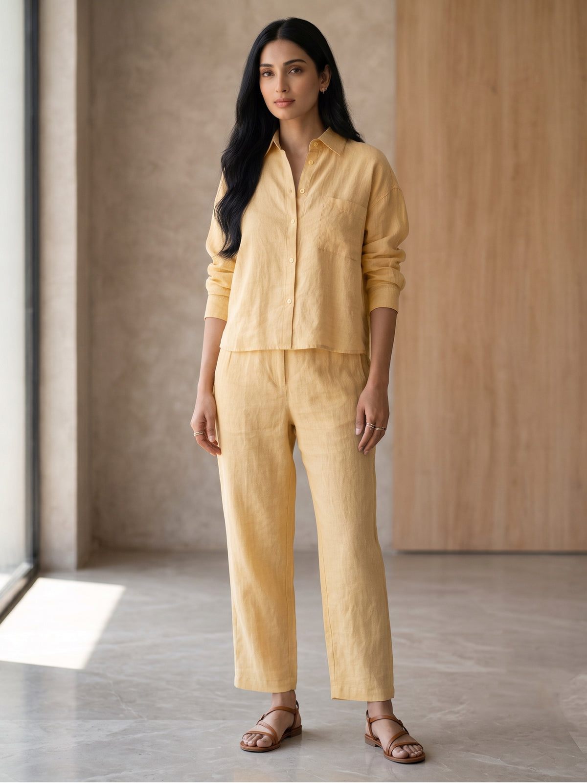 Butter Yellow Cotton Linen Shirt & Straight Pant Co-Ord Set