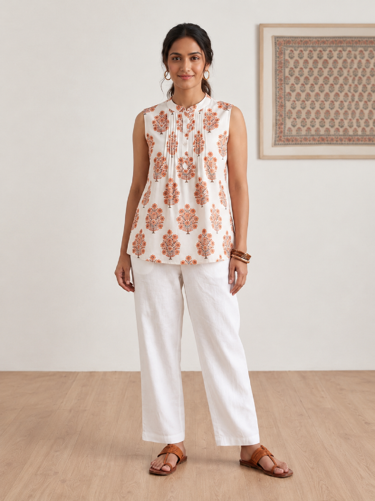 Ivory Floral Printed Sleeveless Top for Women