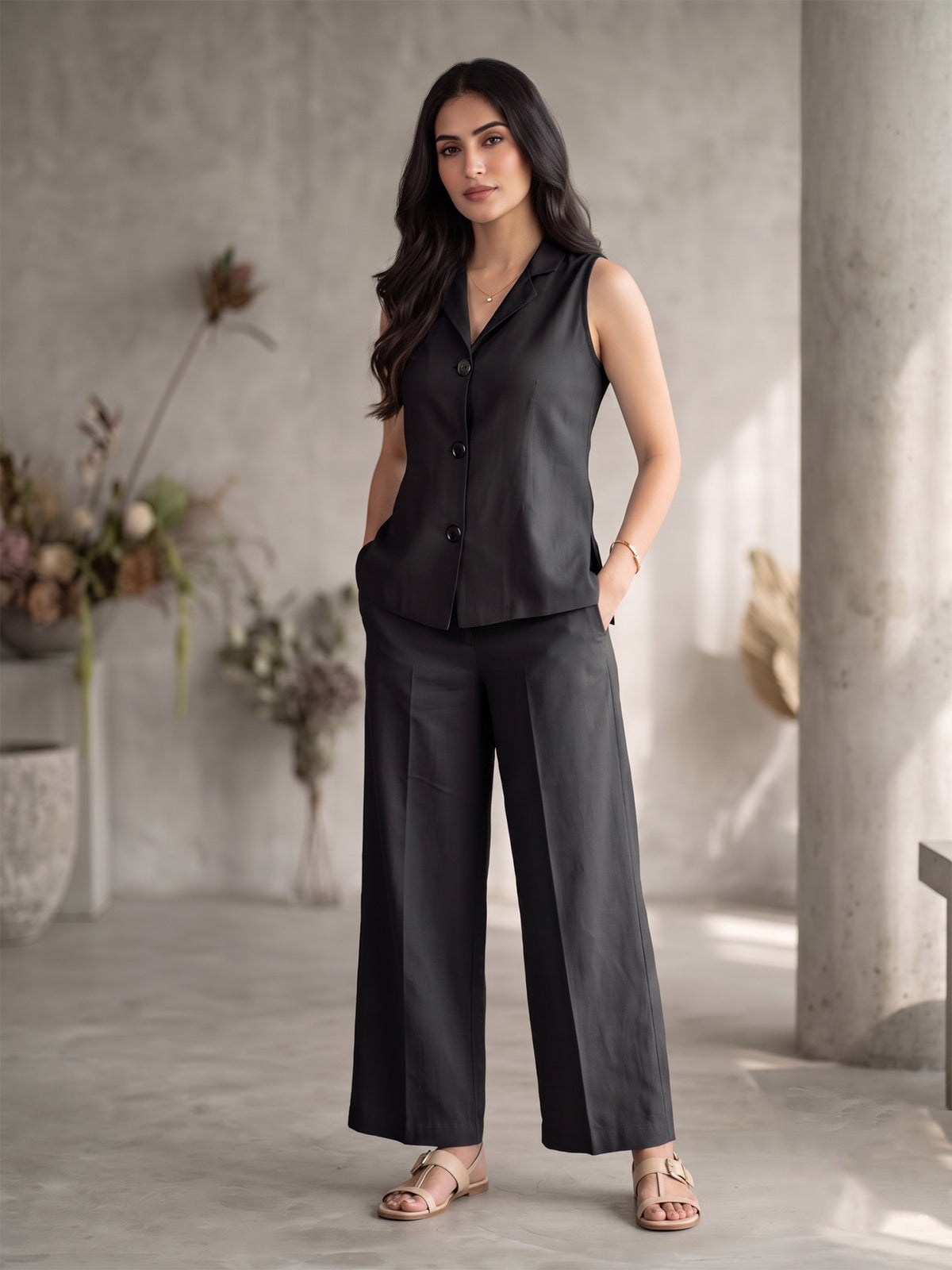 Black Sleeveless Blazer Top with Wide-Leg Pants Set