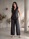 Black Sleeveless Blazer Top with Wide-Leg Pants Set
