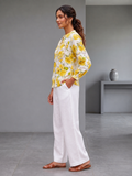 Yellow Floral Printed Lace Work Cotton Top