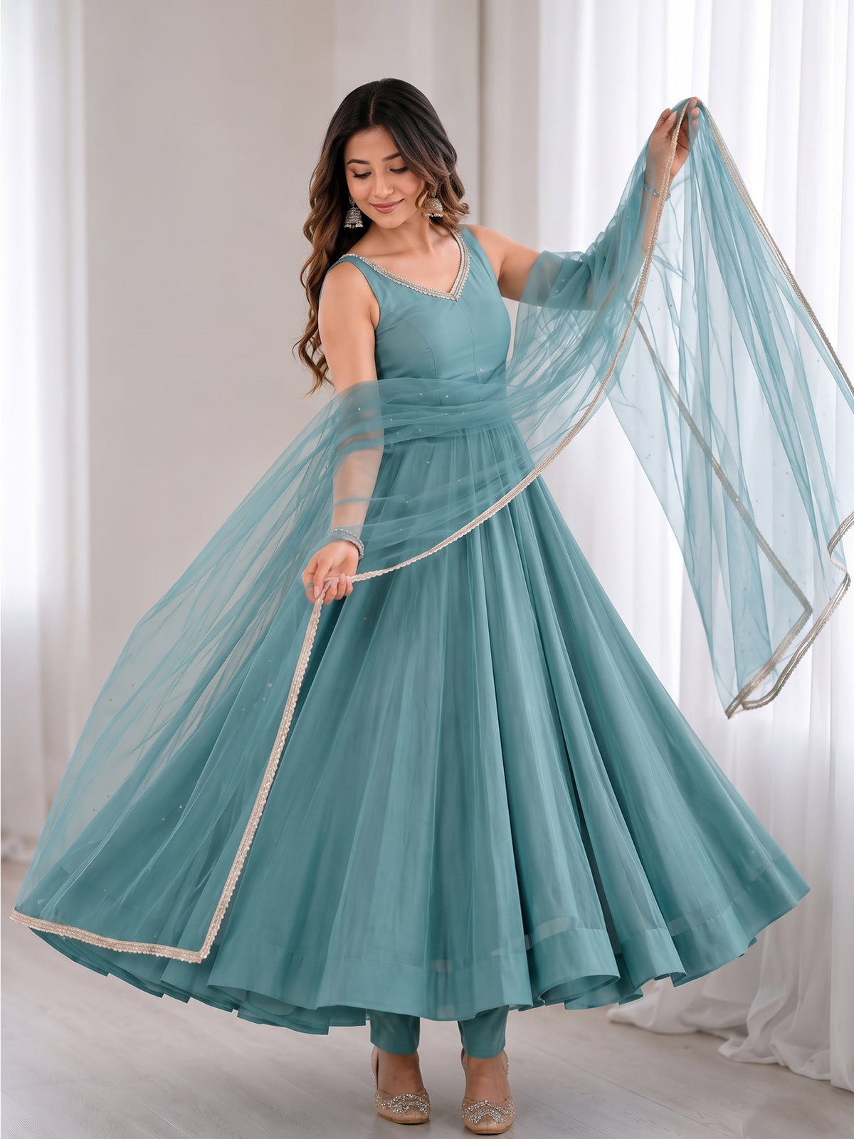Blue Flared Anarkali Gown Suit Set