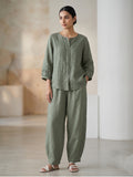 Sage Green Cotton Linen Shirt with Relaxed Pant Co-Ord Set