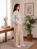 Ivory Blue Feather Print Cotton Shirt for Women