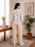 Ivory Blue Feather Print Cotton Shirt for Women