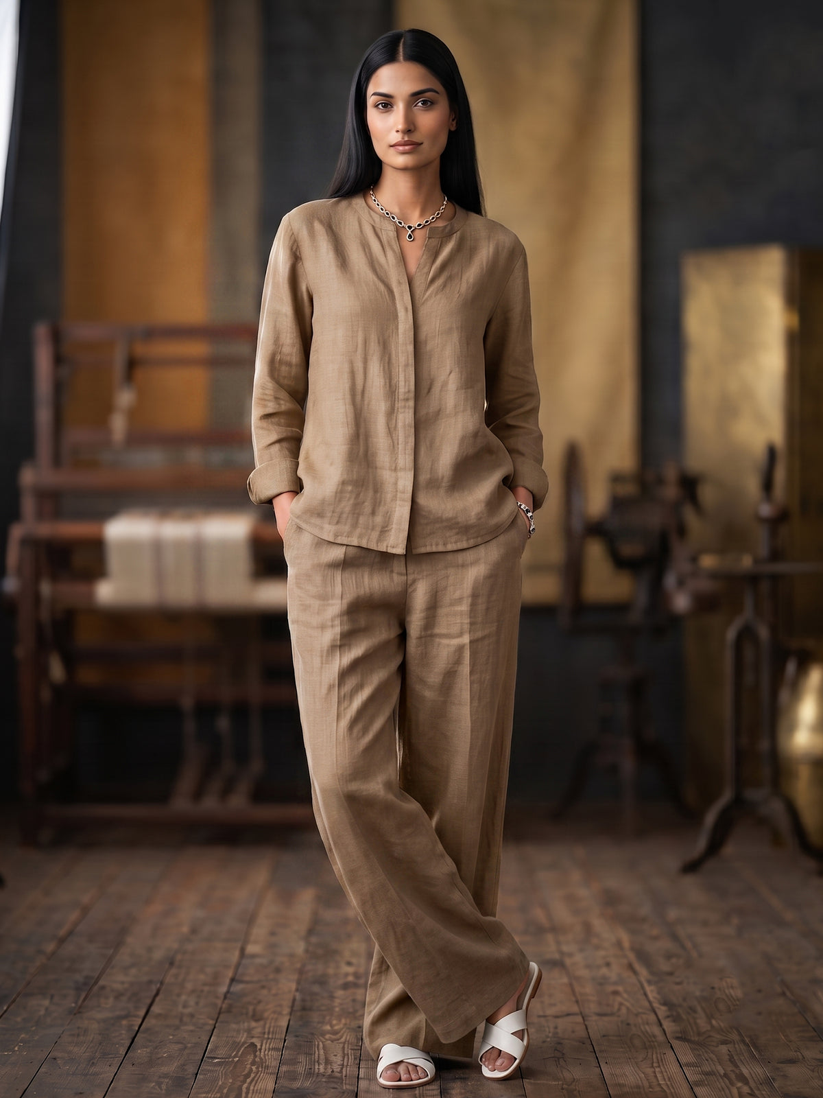 Cocoa Brown Cotton Minimal Shirt & Trouser Co-Ord Set